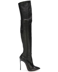 schwarze Overknee Stiefel aus Leder mit Schlangenmuster von Casadei