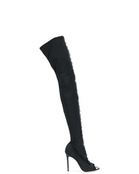 schwarze Overknee Stiefel aus Satin mit Ausschnitten