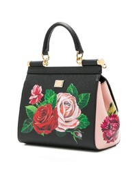 schwarze Satchel-Tasche aus Leder mit Blumenmuster von Dolce & Gabbana