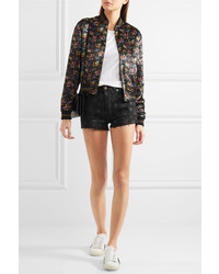 schwarze Satin Bomberjacke mit Blumenmuster von Saint Laurent