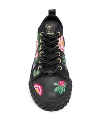 schwarze Segeltuch niedrige Sneakers mit Blumenmuster von Giuseppe Zanotti