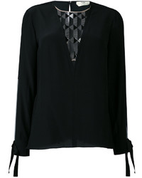 schwarze Seide Bluse mit geometrischem Muster