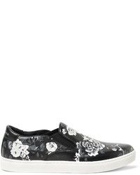 schwarze Slip-On Sneakers aus Leder mit Blumenmuster