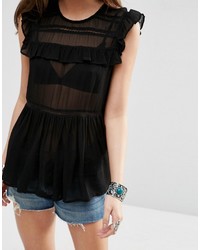 schwarze Spitze Bluse mit Rüschen von Asos