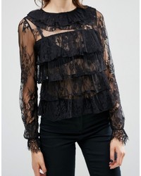 schwarze Spitze Bluse mit Rüschen von Asos