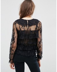 schwarze Spitze Bluse mit Rüschen von Asos