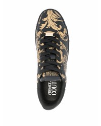 schwarze und goldene bedruckte Leder niedrige Sneakers von VERSACE JEANS COUTURE