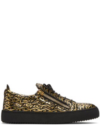 schwarze und goldene bedruckte Leder niedrige Sneakers von Giuseppe Zanotti