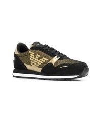 schwarze und goldene niedrige Sneakers von Emporio Armani