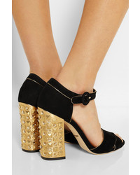 schwarze und goldene verzierte Wildleder Sandaletten von Dolce & Gabbana
