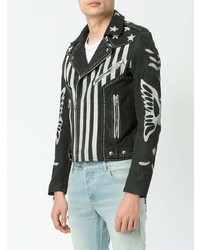 schwarze und weiße bedruckte Bikerjacke von Balmain