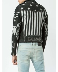 schwarze und weiße bedruckte Bikerjacke von Balmain