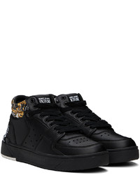 schwarze und weiße bedruckte hohe Sneakers aus Leder von VERSACE JEANS COUTURE