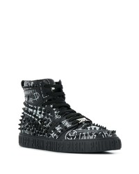 schwarze und weiße bedruckte hohe Sneakers aus Leder von Philipp Plein