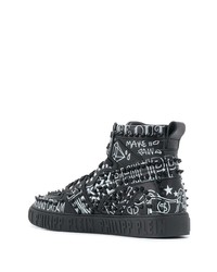 schwarze und weiße bedruckte hohe Sneakers aus Leder von Philipp Plein