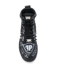 schwarze und weiße bedruckte hohe Sneakers aus Leder von Philipp Plein