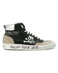 schwarze und weiße bedruckte hohe Sneakers aus Leder von Philipp Plein