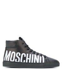schwarze und weiße bedruckte hohe Sneakers aus Leder von Moschino