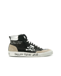 schwarze und weiße bedruckte hohe Sneakers aus Leder von Philipp Plein