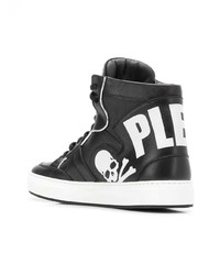 schwarze und weiße bedruckte hohe Sneakers aus Leder von Philipp Plein