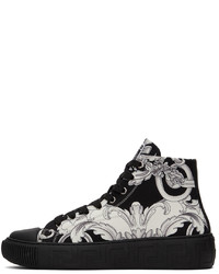 schwarze und weiße bedruckte hohe Sneakers aus Segeltuch von Versace