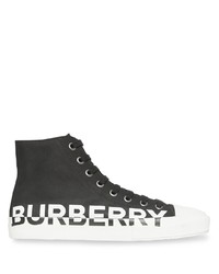 schwarze und weiße bedruckte hohe Sneakers aus Segeltuch von Burberry