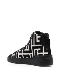 schwarze und weiße bedruckte hohe Sneakers aus Segeltuch von Balmain