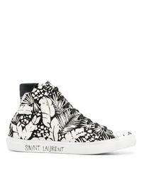 schwarze und weiße bedruckte hohe Sneakers aus Segeltuch von Saint Laurent