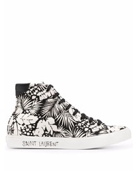 schwarze und weiße bedruckte hohe Sneakers aus Segeltuch von Saint Laurent