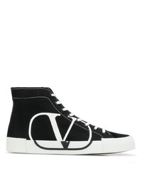 schwarze und weiße bedruckte hohe Sneakers aus Segeltuch von Valentino Garavani