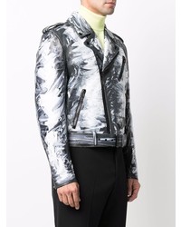 schwarze und weiße bedruckte Leder Bikerjacke von Moschino