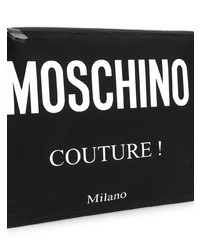 schwarze und weiße bedruckte Leder Clutch Handtasche von Moschino