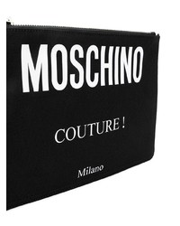 schwarze und weiße bedruckte Leder Clutch Handtasche von Moschino