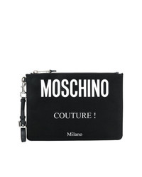 schwarze und weiße bedruckte Leder Clutch Handtasche von Moschino