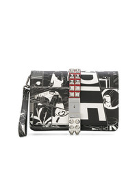 schwarze und weiße bedruckte Leder Clutch Handtasche von Prada