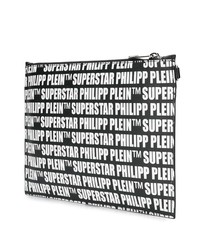 schwarze und weiße bedruckte Leder Clutch Handtasche von Philipp Plein