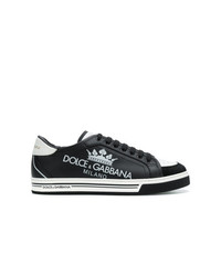 schwarze und weiße bedruckte Leder niedrige Sneakers von Dolce & Gabbana