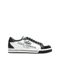 schwarze und weiße bedruckte Leder niedrige Sneakers von Dolce & Gabbana