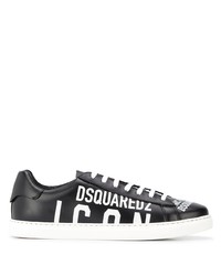 schwarze und weiße bedruckte Leder niedrige Sneakers von DSQUARED2