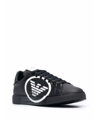 schwarze und weiße bedruckte Leder niedrige Sneakers von Emporio Armani