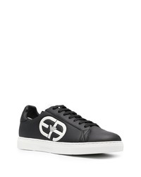 schwarze und weiße bedruckte Leder niedrige Sneakers von Emporio Armani