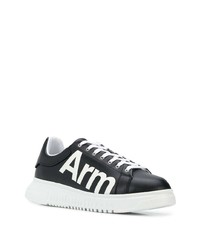 schwarze und weiße bedruckte Leder niedrige Sneakers von Emporio Armani