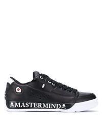 schwarze und weiße bedruckte Leder niedrige Sneakers von Mastermind Japan