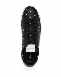 schwarze und weiße bedruckte Leder niedrige Sneakers von Emporio Armani