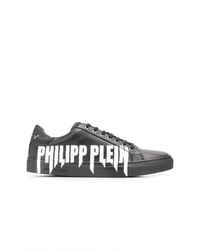 schwarze und weiße bedruckte Leder niedrige Sneakers von Philipp Plein