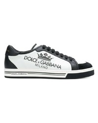 schwarze und weiße bedruckte Leder niedrige Sneakers von Dolce & Gabbana