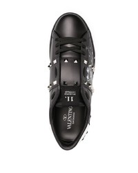 schwarze und weiße bedruckte Leder niedrige Sneakers von Valentino Garavani