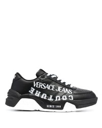 schwarze und weiße bedruckte Leder niedrige Sneakers von VERSACE JEANS COUTURE
