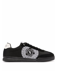 schwarze und weiße bedruckte Leder niedrige Sneakers von VERSACE JEANS COUTURE