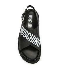 schwarze und weiße bedruckte Ledersandalen von Moschino